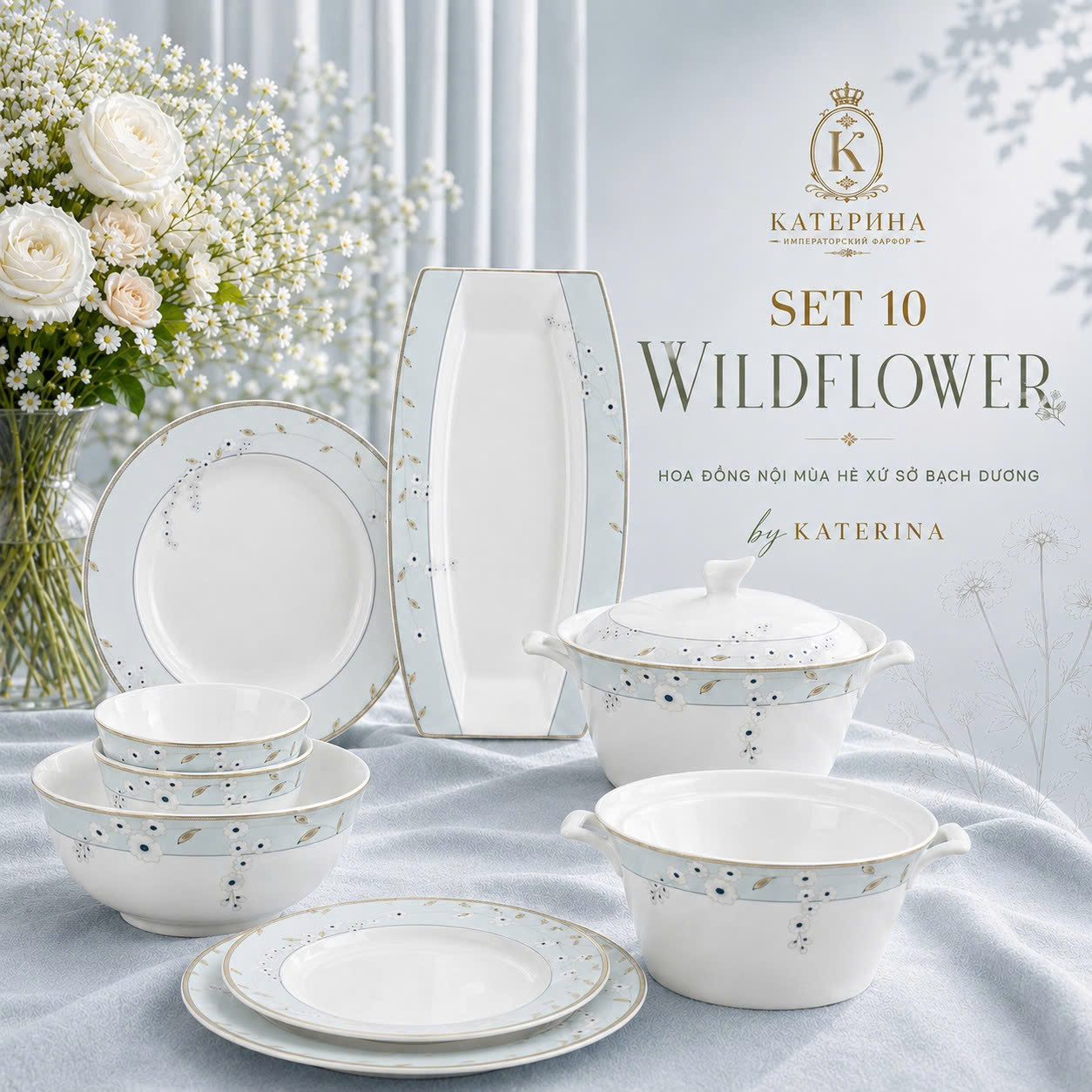 Bộ bát đĩa ăn Катерина Wildflower cho 10 người | Sứ xương cao cấp | WILDFLOWER COLLECTION