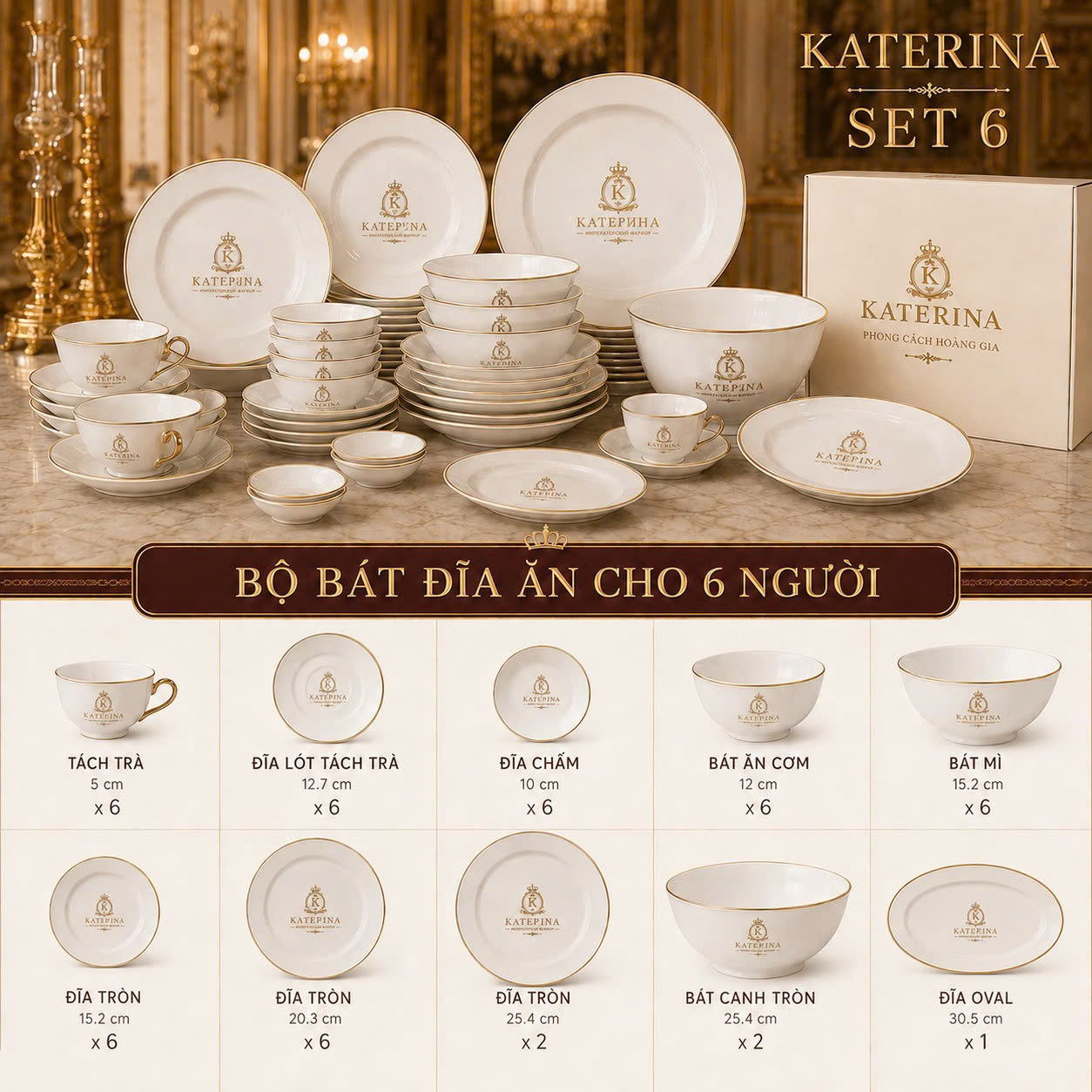 Bộ bát đĩa cao cấp cho 6 người Катерина | Sứ xương cao cấp | Set quà tặng cao cấp | Катерина COLLECTION