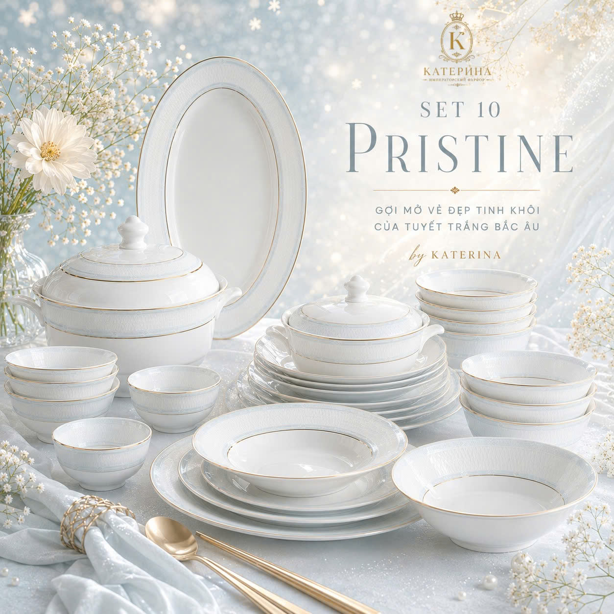 Bộ bát đĩa ăn Катерина Pristine cho 10 người | Sứ xương cao cấp | Set quà tặng cao cấp | PRISTINE COLLECTION