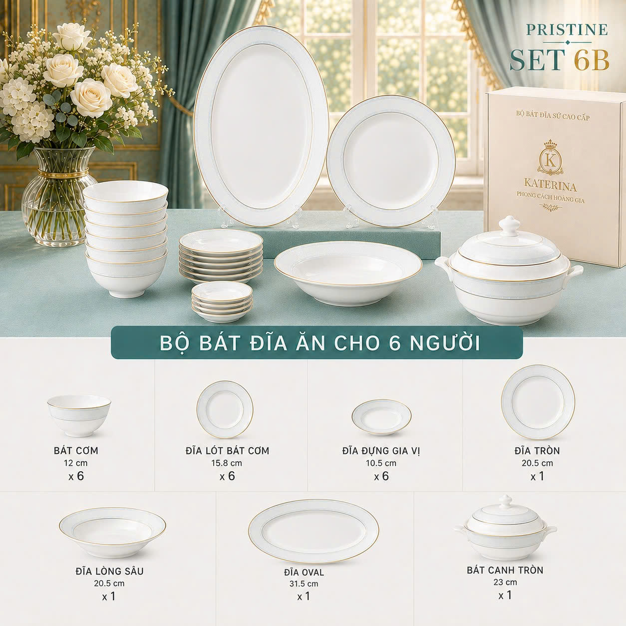 Bộ bát đĩa ăn Катерина Pristine cho 6 người | Sứ xương cao cấp | Set quà tặng cao cấp | PRISTINE COLLECTION