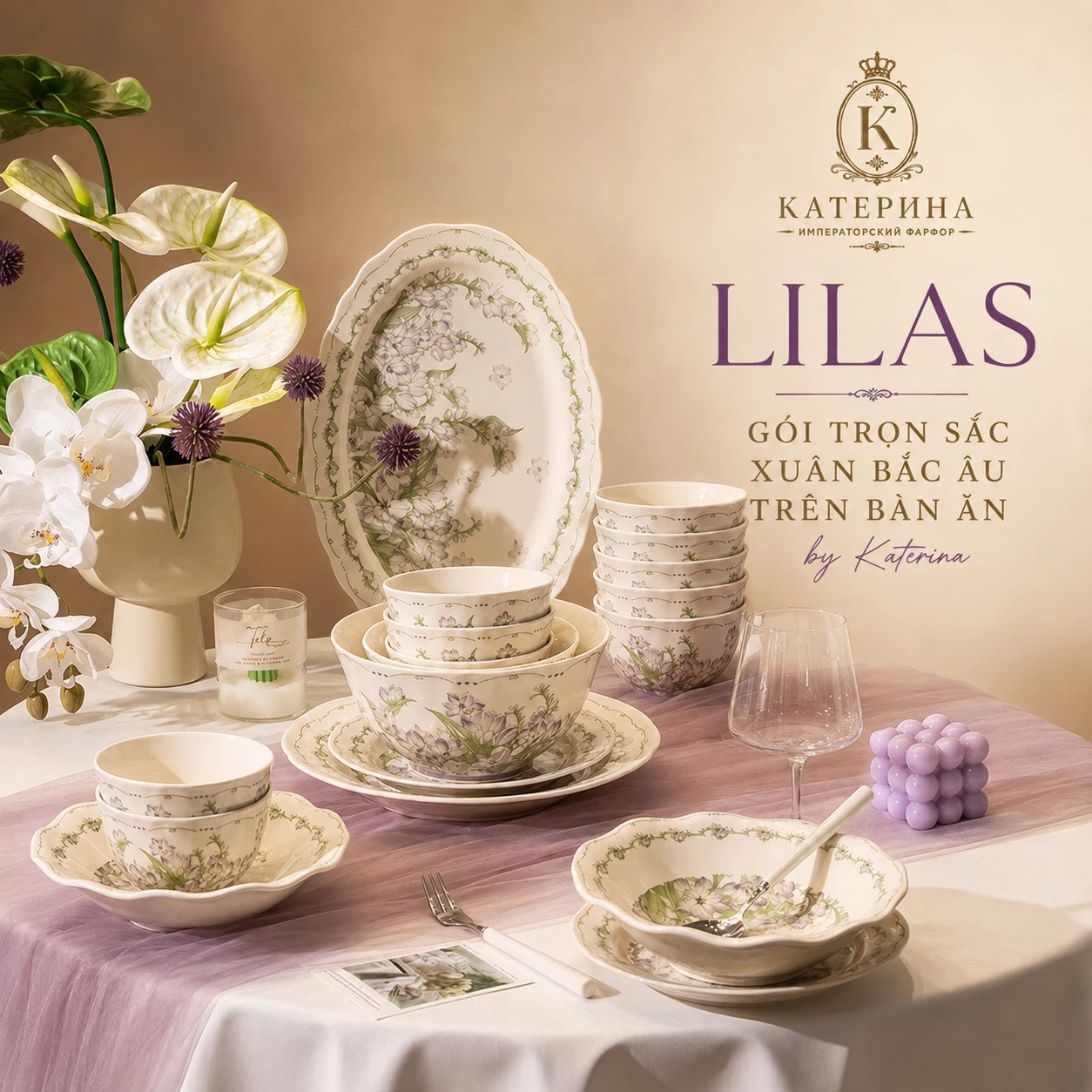 Bộ bát đĩa ăn Катерина Lilas cho 6 người | Sứ cường lực cao cấp | LILAS
