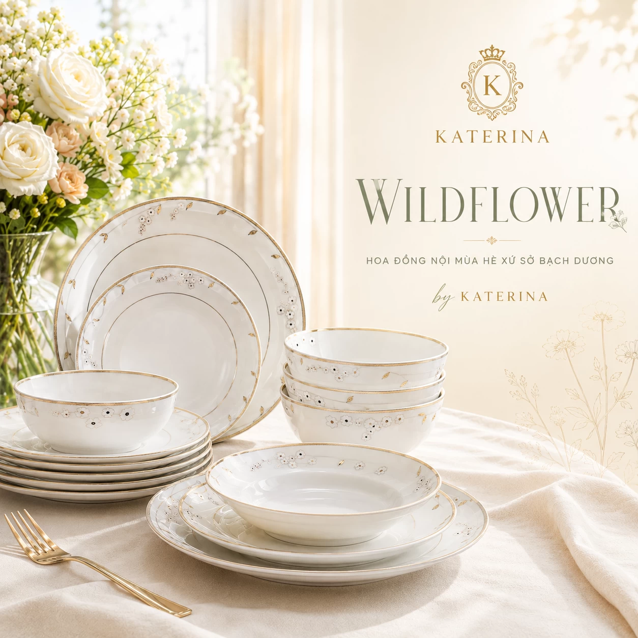 Bộ bát đĩa ăn Катерина Wildflower  cho 6 người | Sứ xương cao cấp | WILDFLOWER