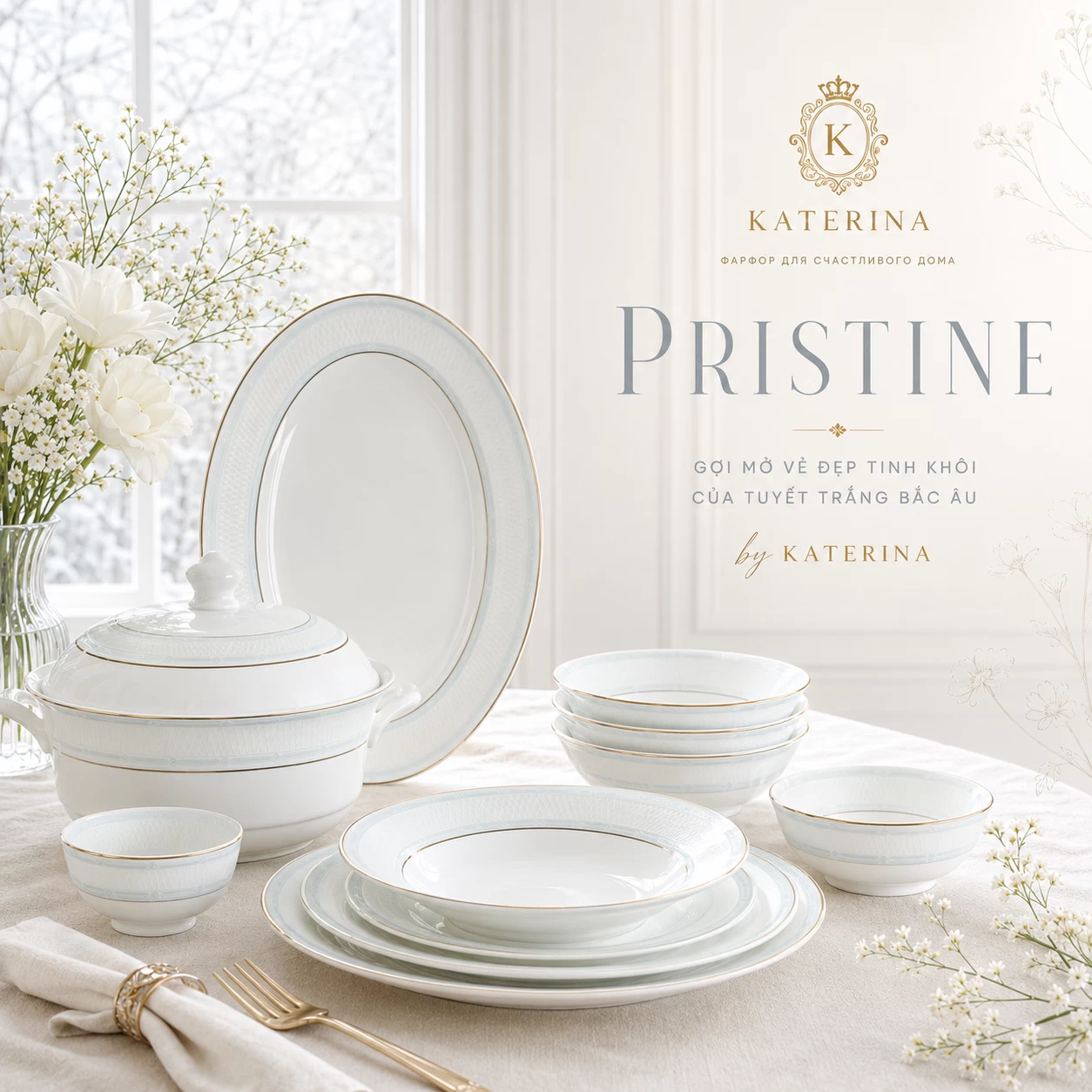 Bộ bát đĩa ăn Катерина Pristine cho 6 người | Sứ xương cao cấp | PRISTINE