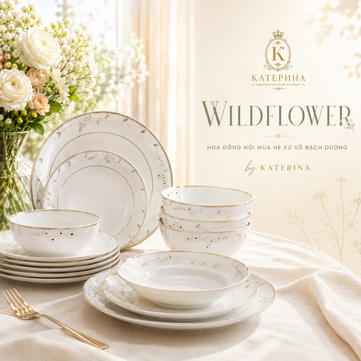 Bộ bát đĩa ăn Катерина Wildflower  cho 6 người | Sứ xương cao cấp | WILDFLOWER
