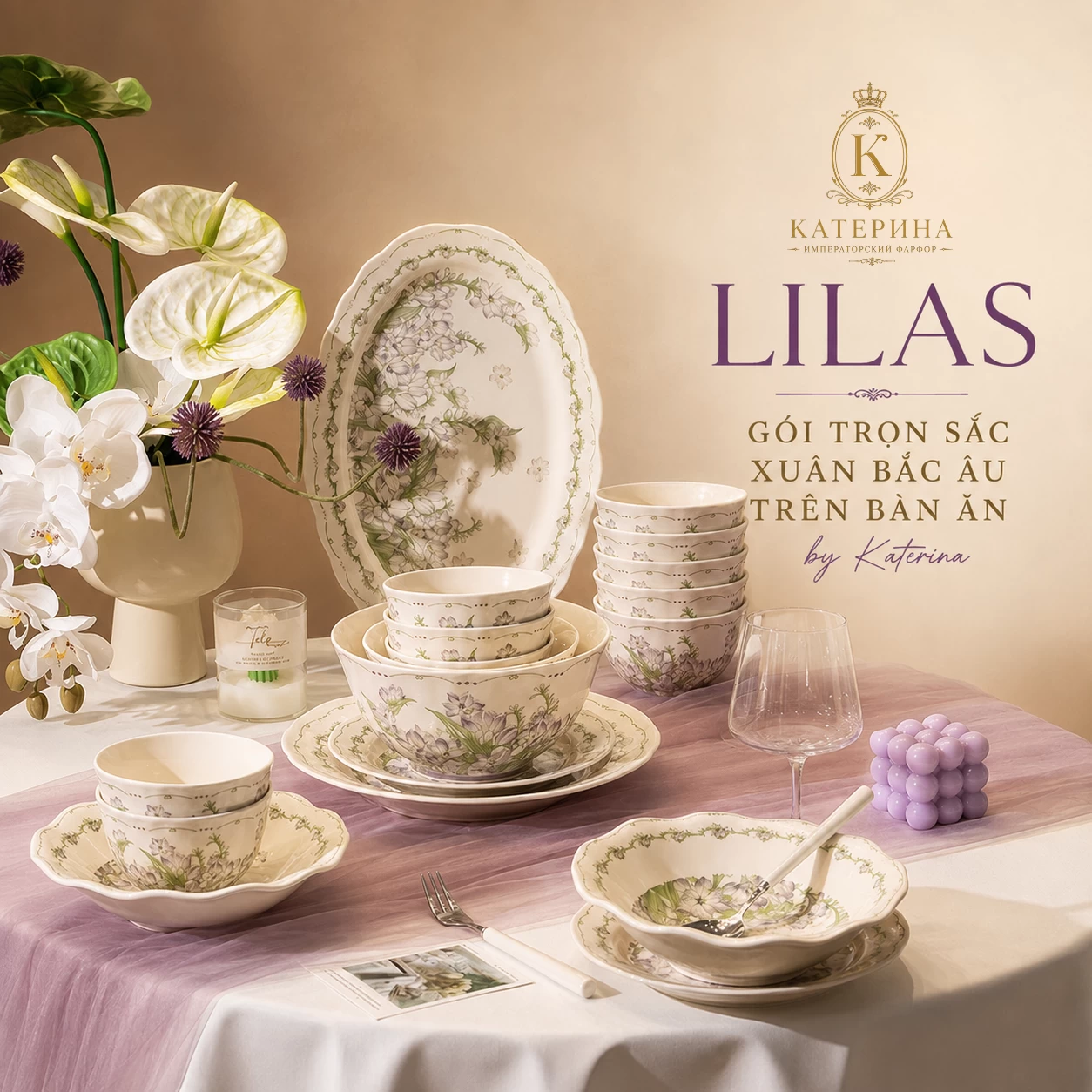 Bộ bát đĩa ăn Катерина Lilas cho 6 người | Sứ cường lực cao cấp | LILAS