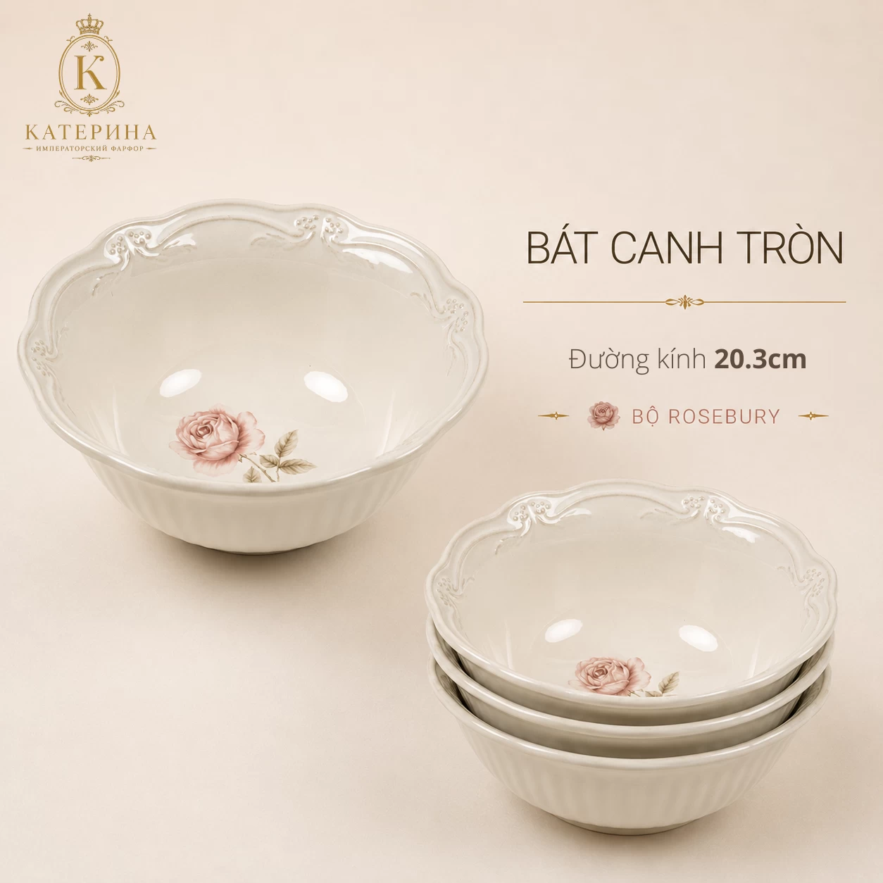 Bát canh tròn Катерина Rosebury 20.3cm| Sứ cường lực cao cấp | ROSEBURY