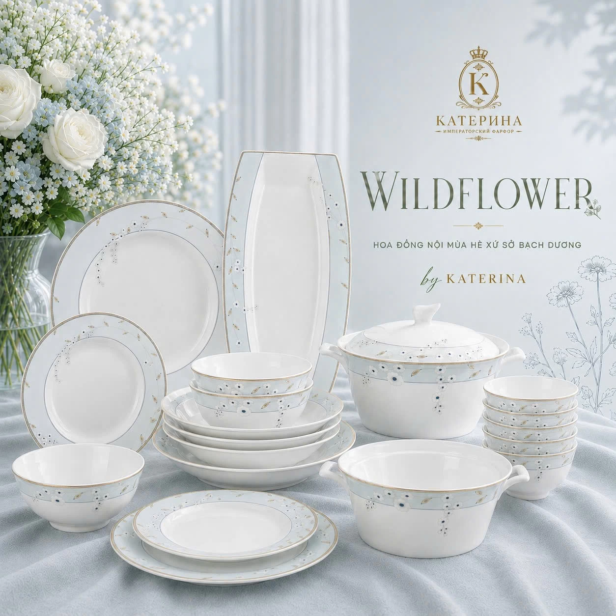Bộ bát đĩa ăn Катерина Wildflower cho 6 người | Sứ xương cao cấp | WILDFLOWER COLLECTION